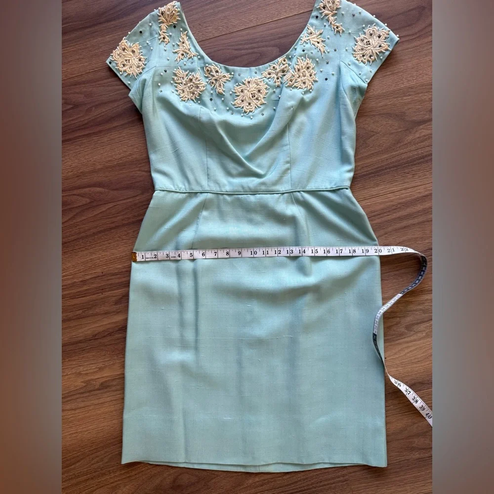 Vintage 50s 60s Baby Blue Hand Beaded Sheath Dress Lace Rhinestone Cocktail M/L - Picture 15 of 16